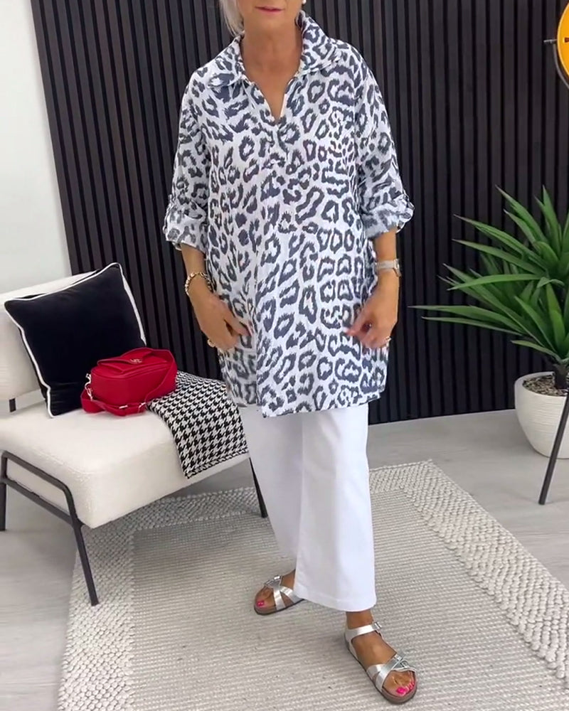 Bluse Revers Leopardenmuster