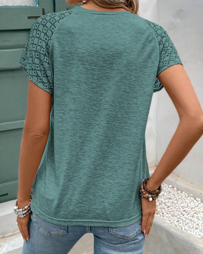 T-Shirt Solide Farbe Hohl Rundhalsausschnitt Schlank
