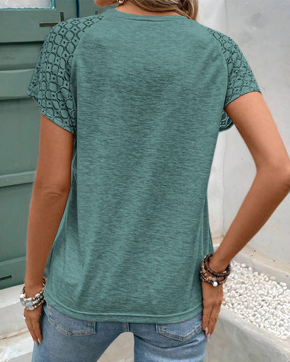 T-Shirt Solide Farbe Hohl Rundhalsausschnitt Schlank
