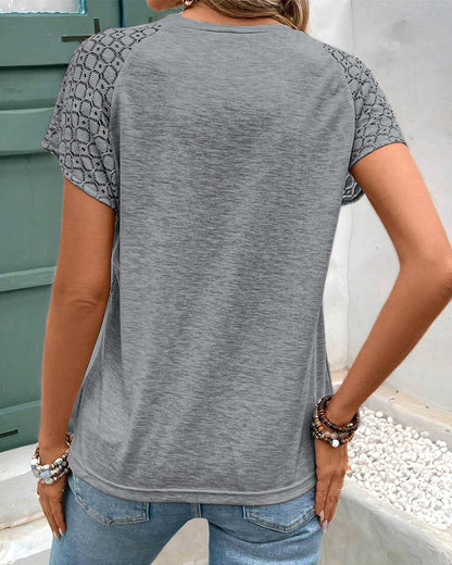 T-Shirt Solide Farbe Hohl Rundhalsausschnitt Schlank