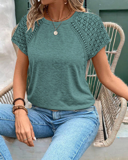 T-Shirt Solide Farbe Hohl Rundhalsausschnitt Schlank