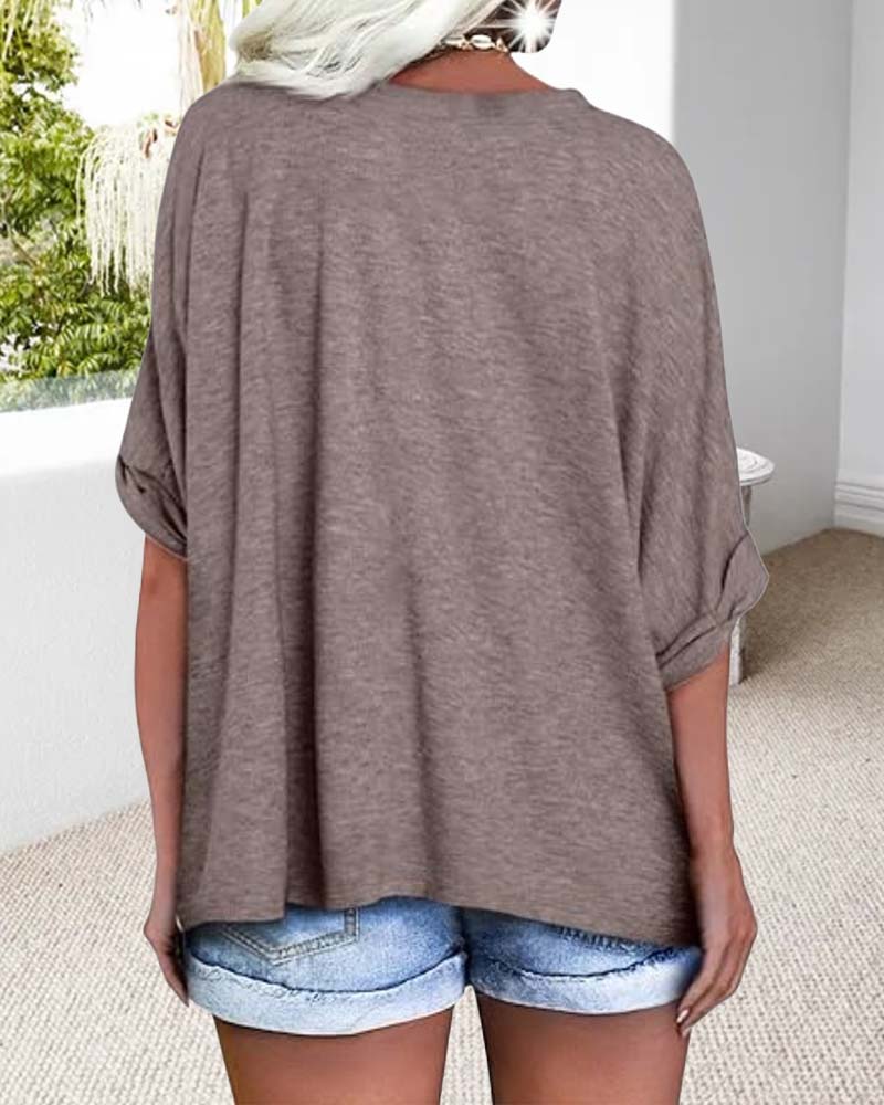 T-Shirt V-Ausschnitt Gerollter Saum Kurzärmlig Weit