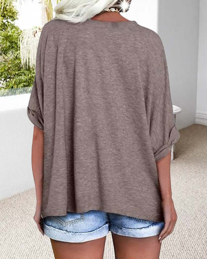 T-Shirt V-Ausschnitt Gerollter Saum Kurzärmlig Weit