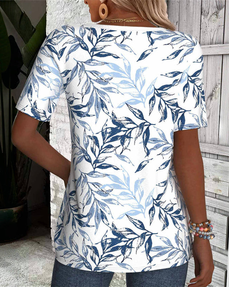 T-Shirt V-Ausschnitt Kurzärmelig Bambusblattdruck