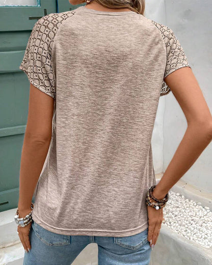 T-Shirt Solide Farbe Hohl Rundhalsausschnitt Schlank