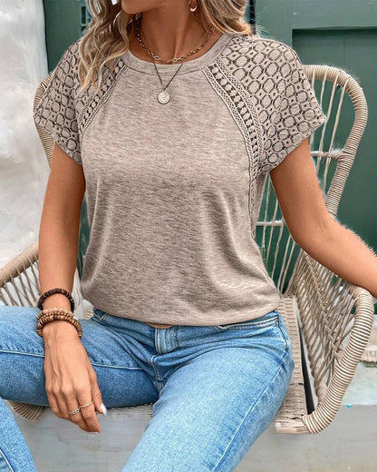 T-Shirt Solide Farbe Hohl Rundhalsausschnitt Schlank